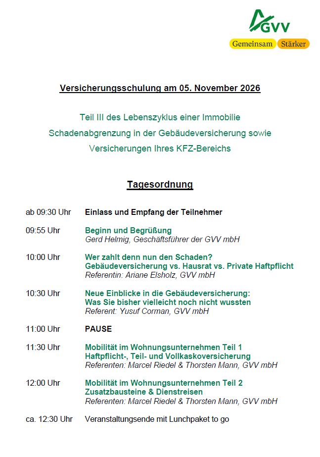 Tagesordnung Versicherungsschulung 2026